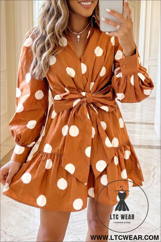 Brown Polka Dot Long Sleeve Tie Waist Casual Shift Mini Dress