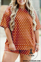 Brown polka dot print dropped shoulder tee plus size short set - brown / 1x / 95% polyester + 5% elastane - plus size