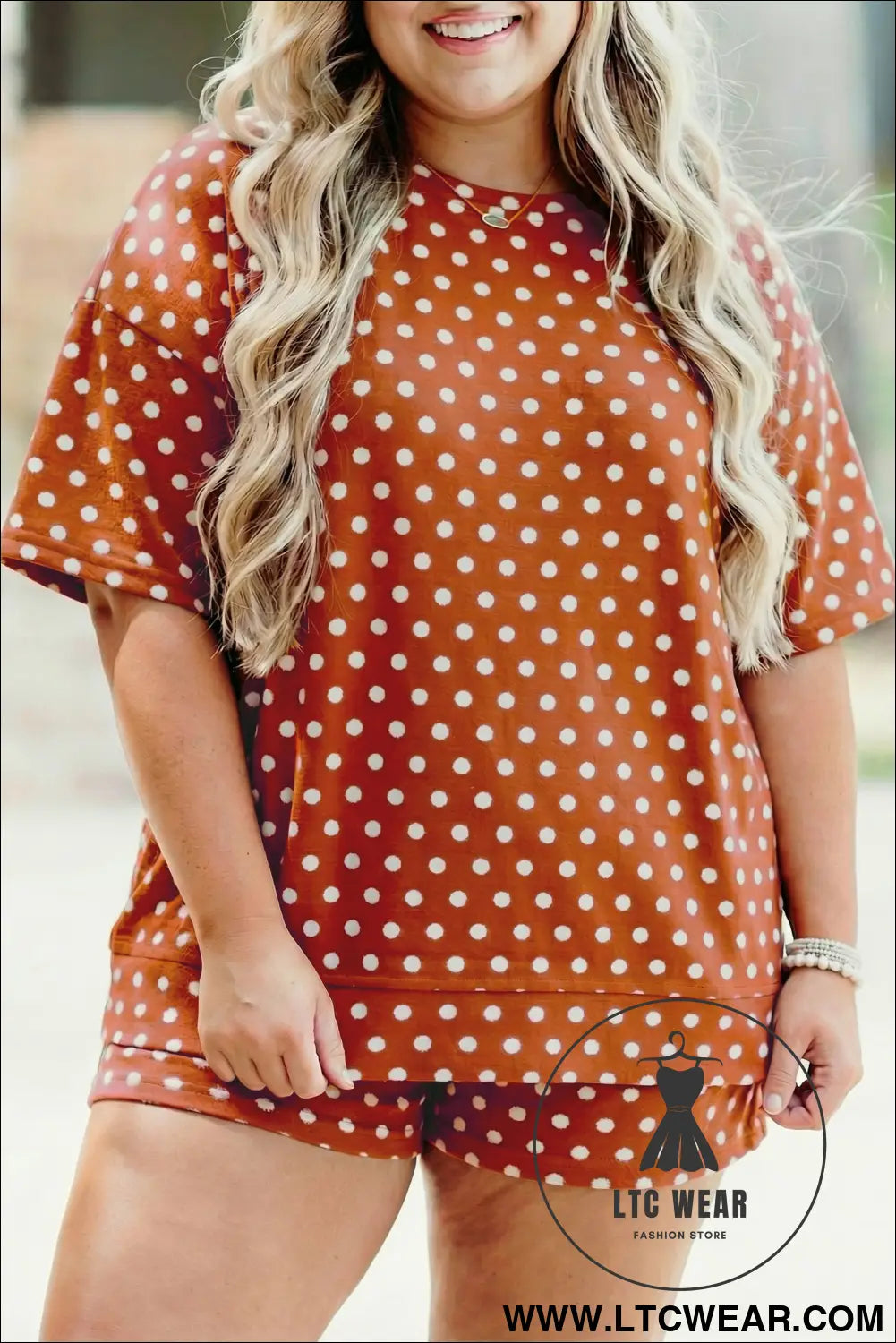 Brown polka dot print dropped shoulder tee plus size short set - brown / 1x / 95% polyester + 5% elastane - plus size