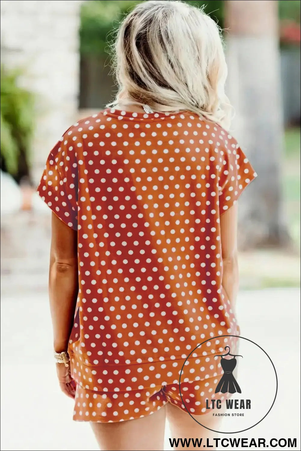 Brown polka dot print dropped shoulder tee plus size short set - plus size loungewear