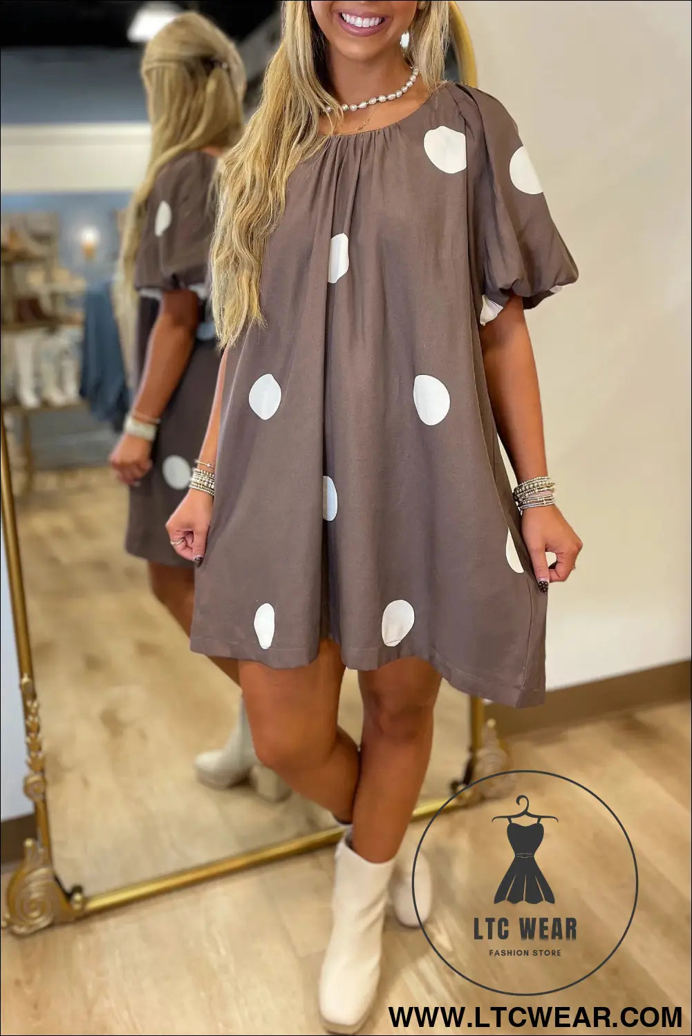Brown polka dot print knot back short puff sleeve loose mini dress - brown / l / 100% polyester - midi dresses