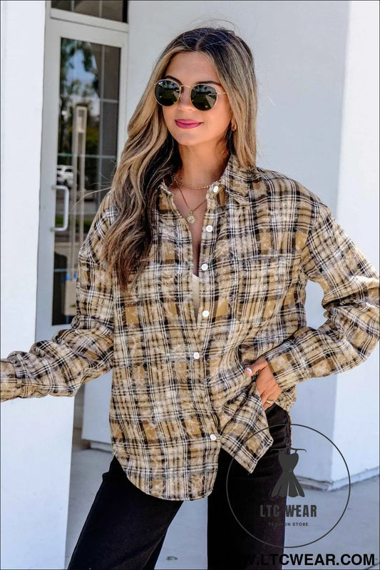 Brown Retro Plaid Long Sleeve Button Down Shirt