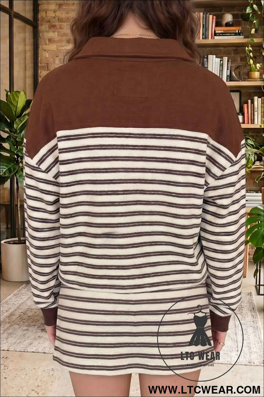 Brown Stripe Contrast Trim Button Neck Long Sleeve Top Drawstring Mini Skirt Set