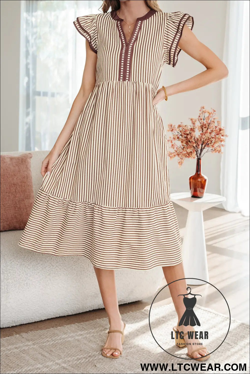 Brown Stripe Double Ruffled Short Sleeve Contrast Trim V Neck Midi Dress - L.T.C Wear Online Fashion Store