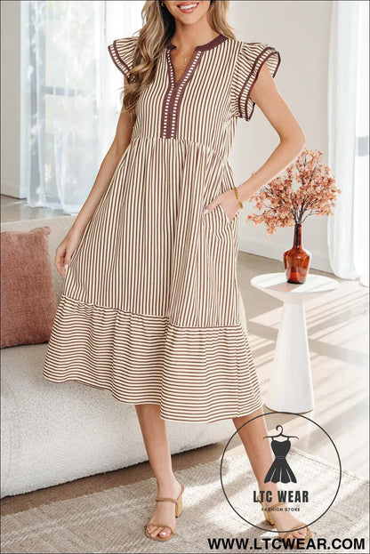 Brown Stripe Double Ruffled Short Sleeve Contrast Trim V Neck Midi Dress - L.T.C Wear Online Fashion Store