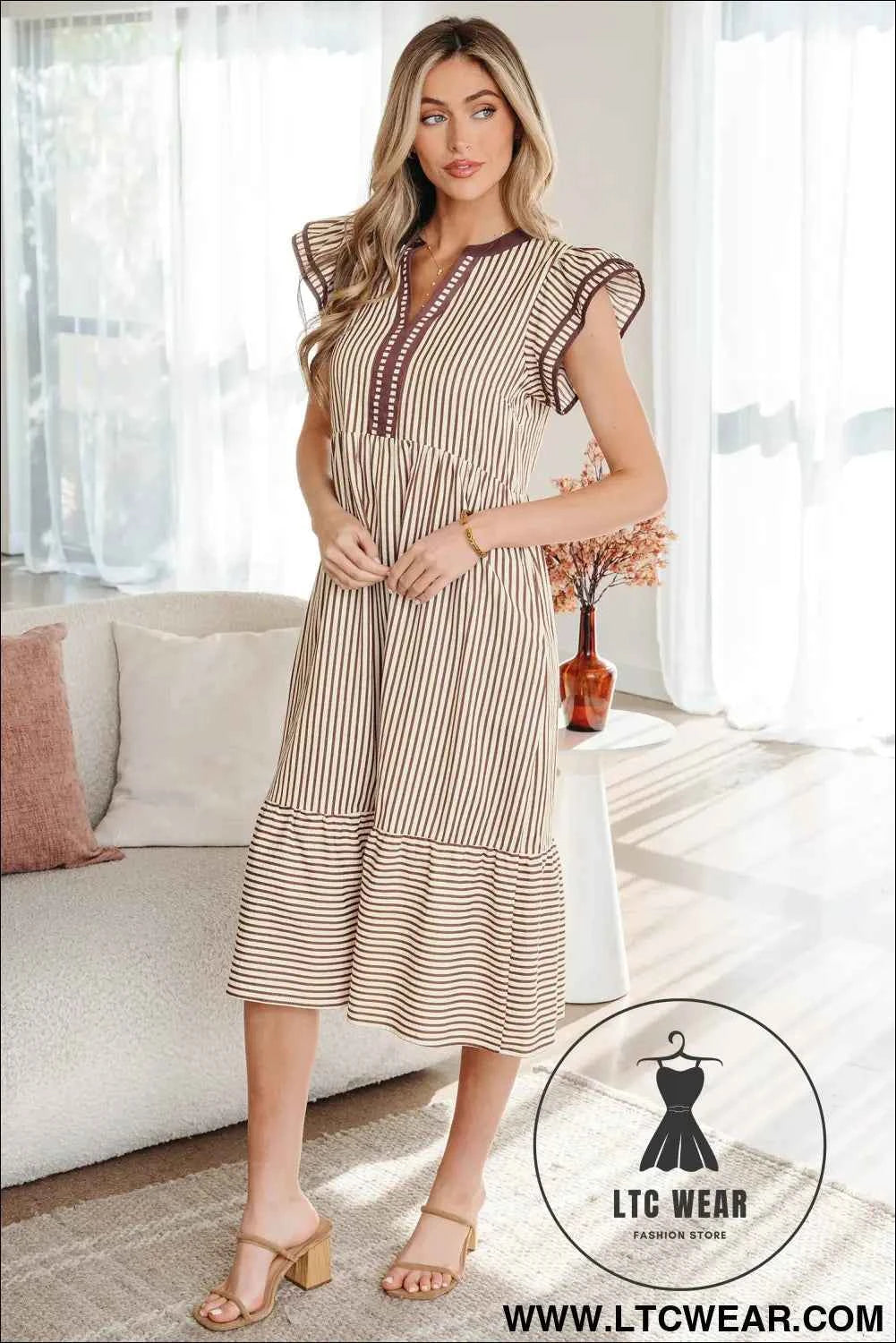 Brown Stripe Double Ruffled Short Sleeve Contrast Trim V Neck Midi Dress