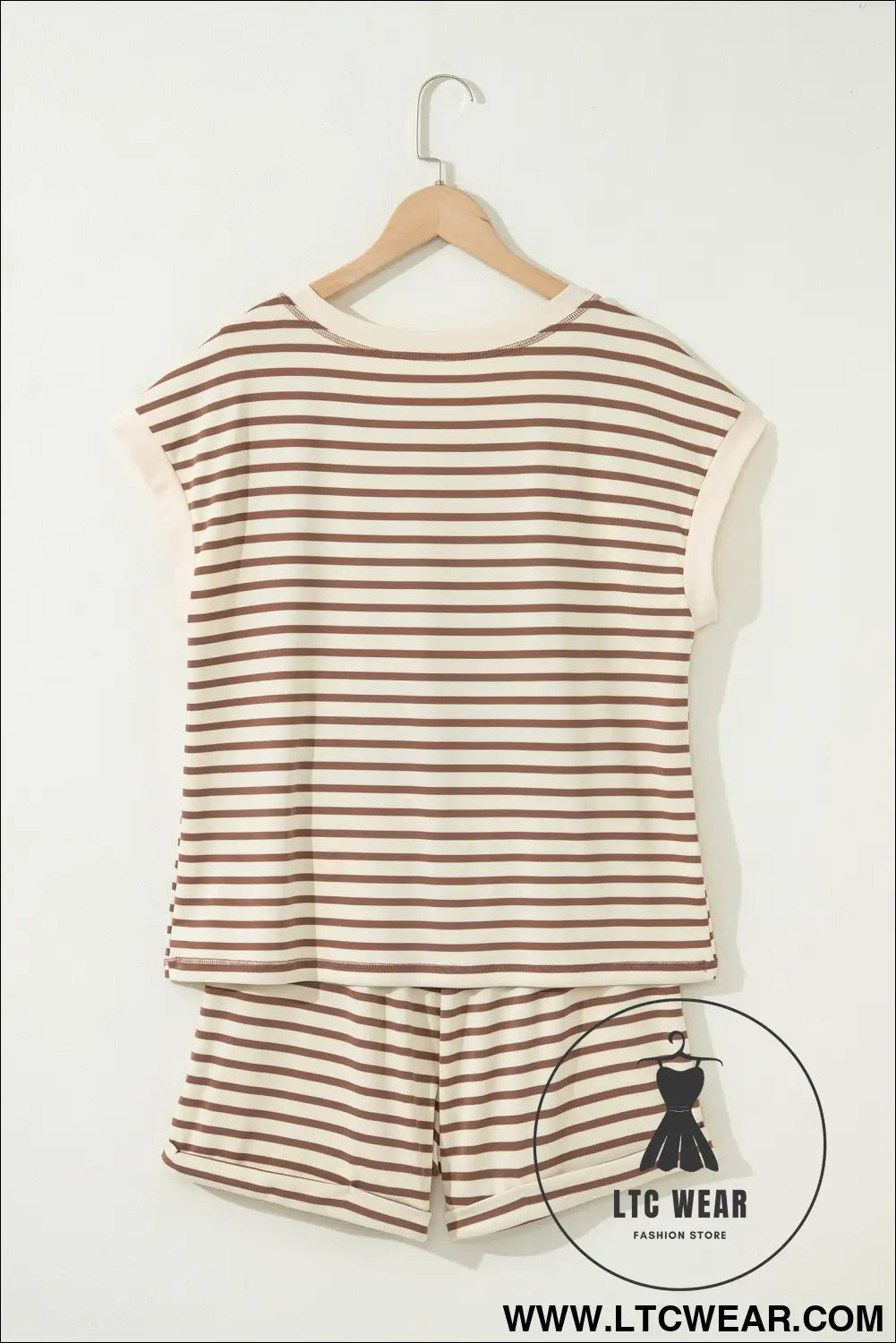 Brown stripe half buttons top and shorts set - 20%