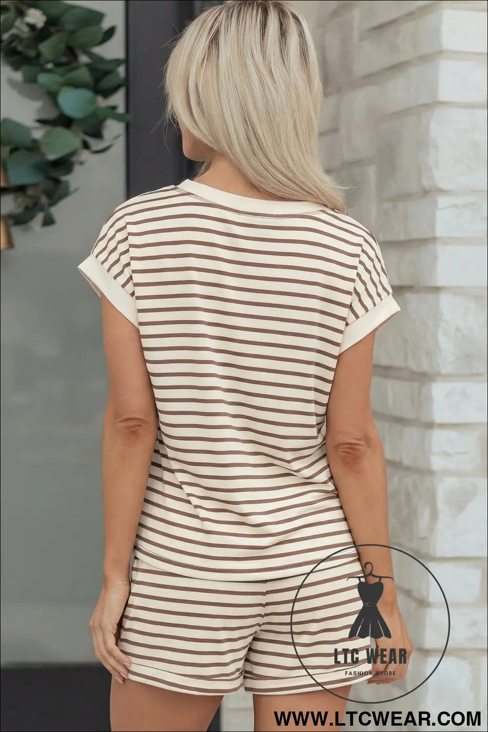 Brown stripe half buttons top and shorts set - 20%