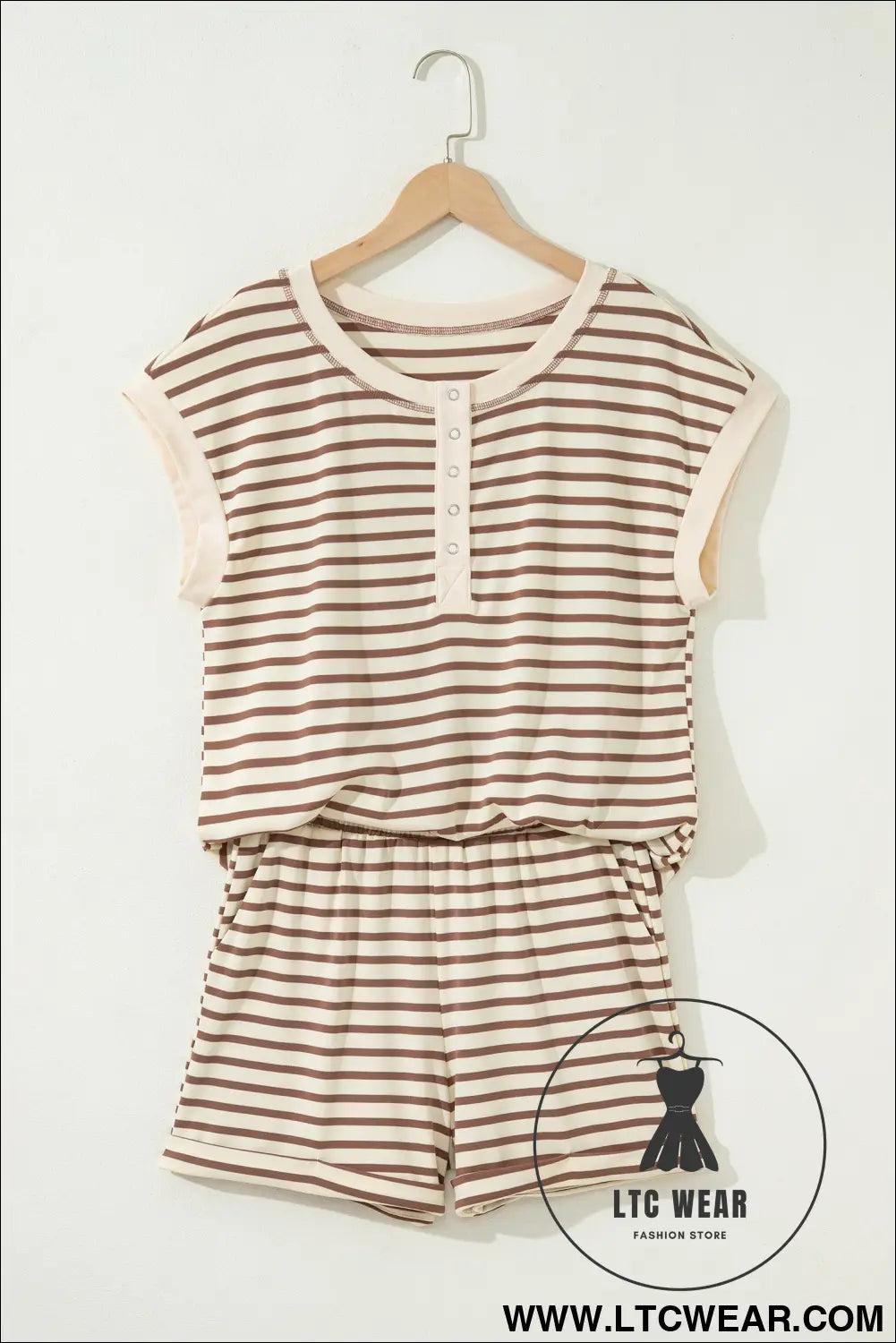 Brown stripe half buttons top and shorts set - 20%