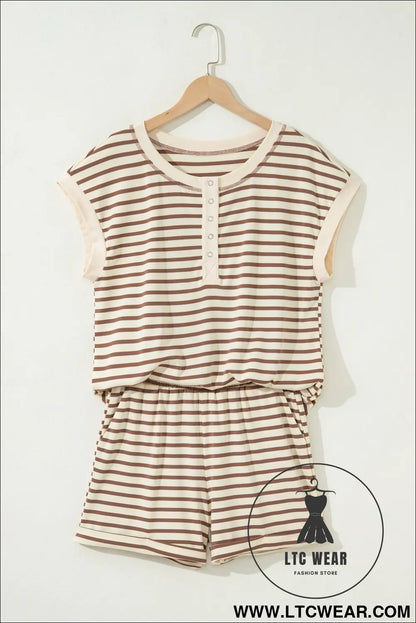 Brown stripe half buttons top and shorts set - 20%
