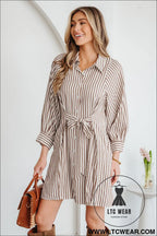 Brown stripe knot waist puff sleeve button down mini shirt dress - 20%
