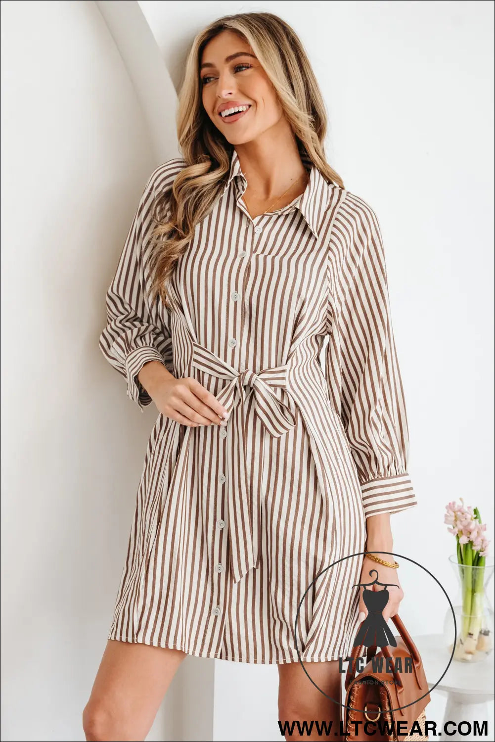 Brown stripe knot waist puff sleeve button down mini shirt dress - 20%