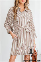 Brown stripe knot waist puff sleeve button down mini shirt dress - 20%