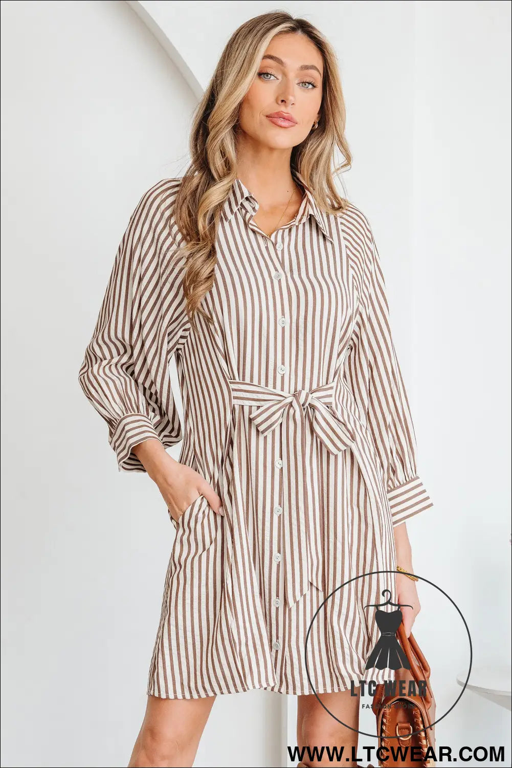 Brown stripe knot waist puff sleeve button down mini shirt dress - 20%