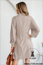 Brown stripe knot waist puff sleeve button down mini shirt dress - 20%