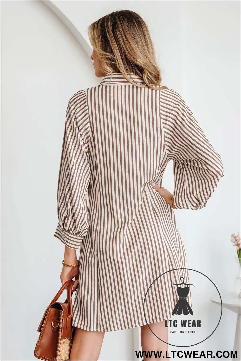 Brown stripe knot waist puff sleeve button down mini shirt dress - 20%