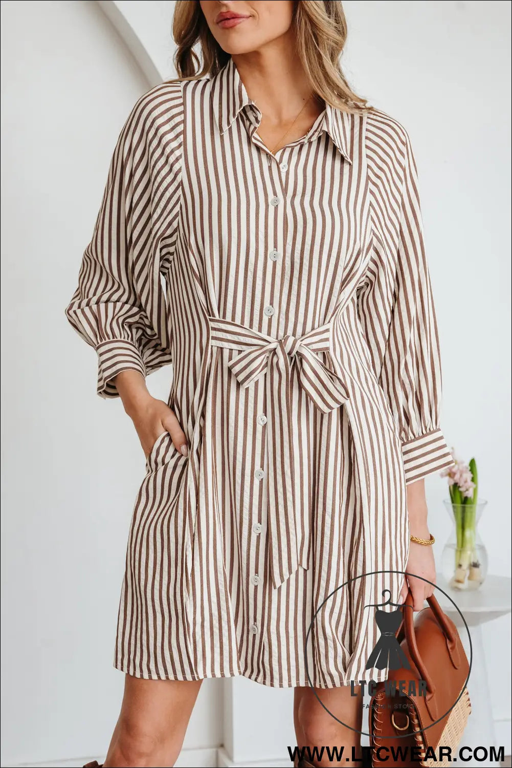 Brown stripe knot waist puff sleeve button down mini shirt dress - 20%