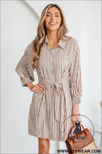 Brown stripe knot waist puff sleeve button down mini shirt dress - brown stripe / l / 50% polyester + 50% viscose - 20%