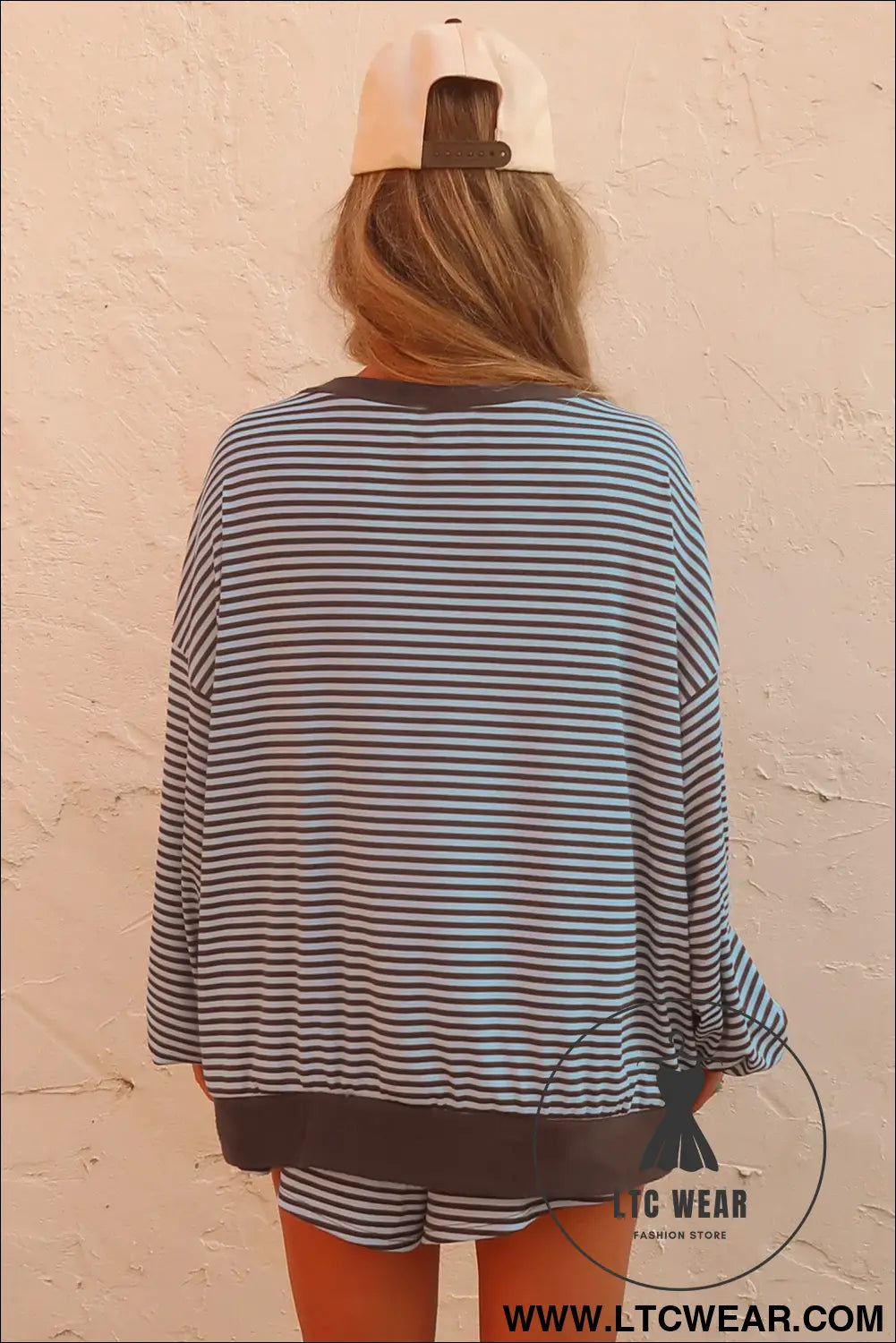Brown Stripe Oversized Long Sleeve Top Drawstring Loose Shorts 2pcs Set