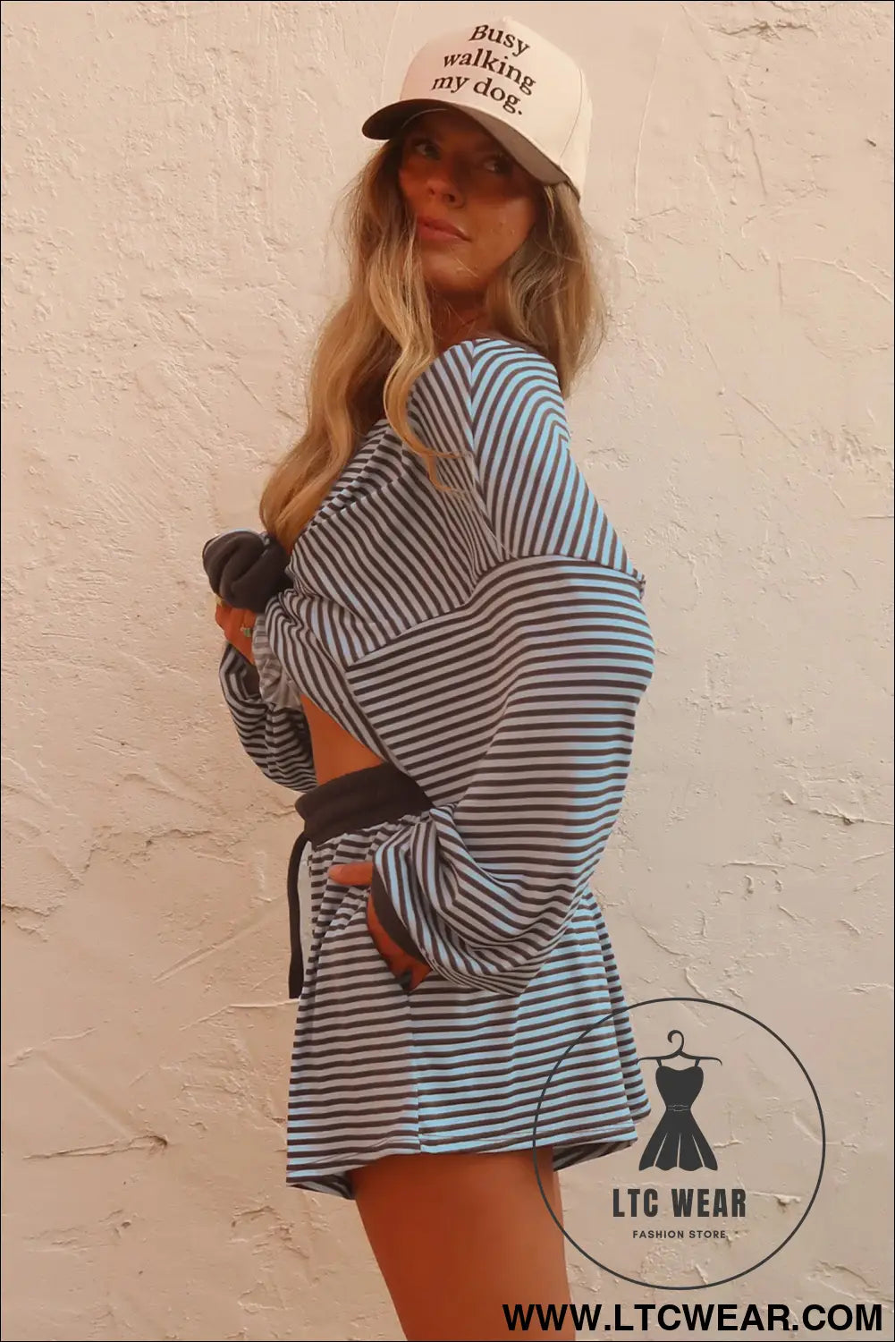 Brown Stripe Oversized Long Sleeve Top Drawstring Loose Shorts 2pcs Set