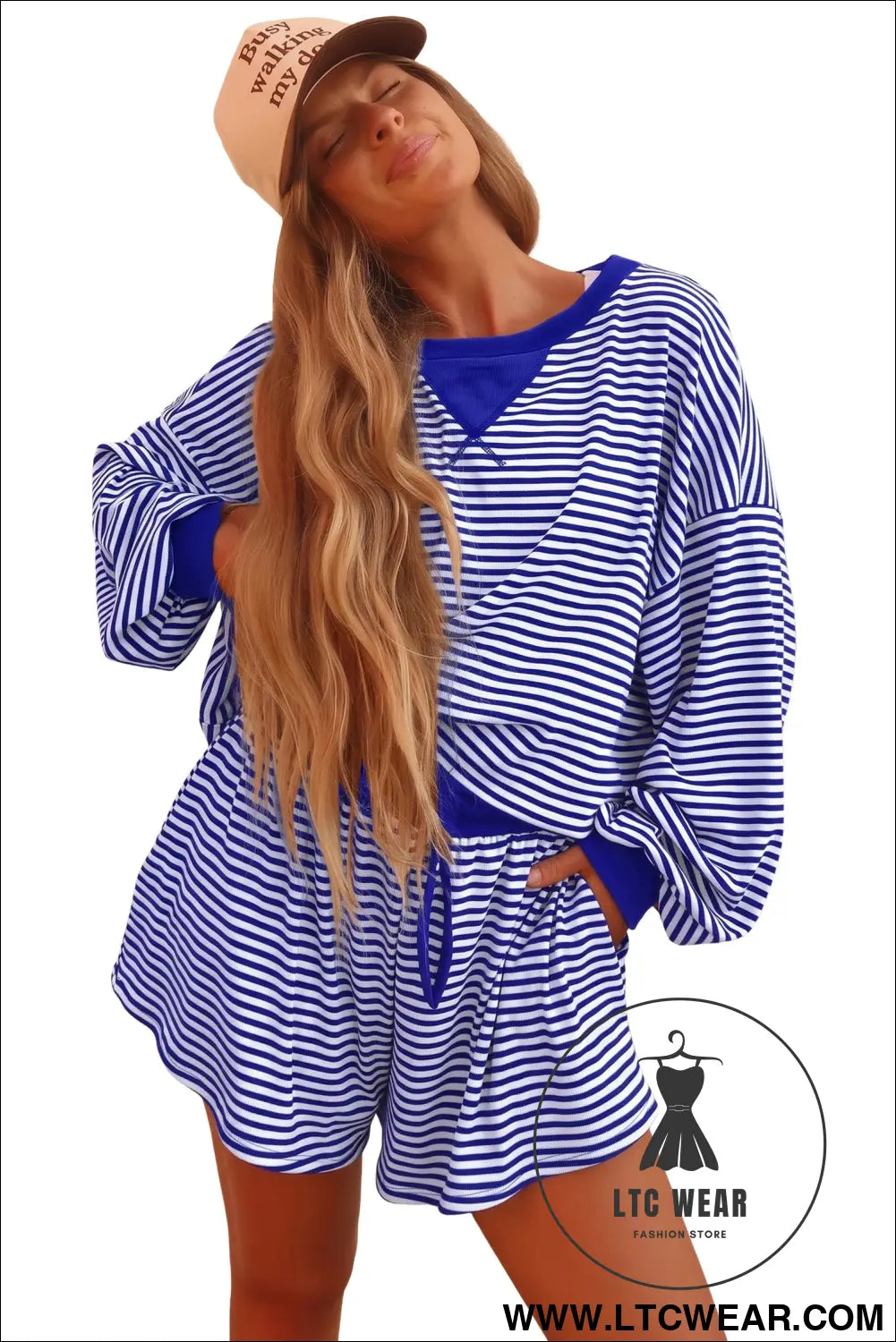 Brown Stripe Oversized Long Sleeve Top Drawstring Loose Shorts 2pcs Set