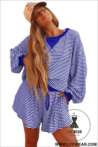 Brown Stripe Oversized Long Sleeve Top Drawstring Loose Shorts 2pcs Set