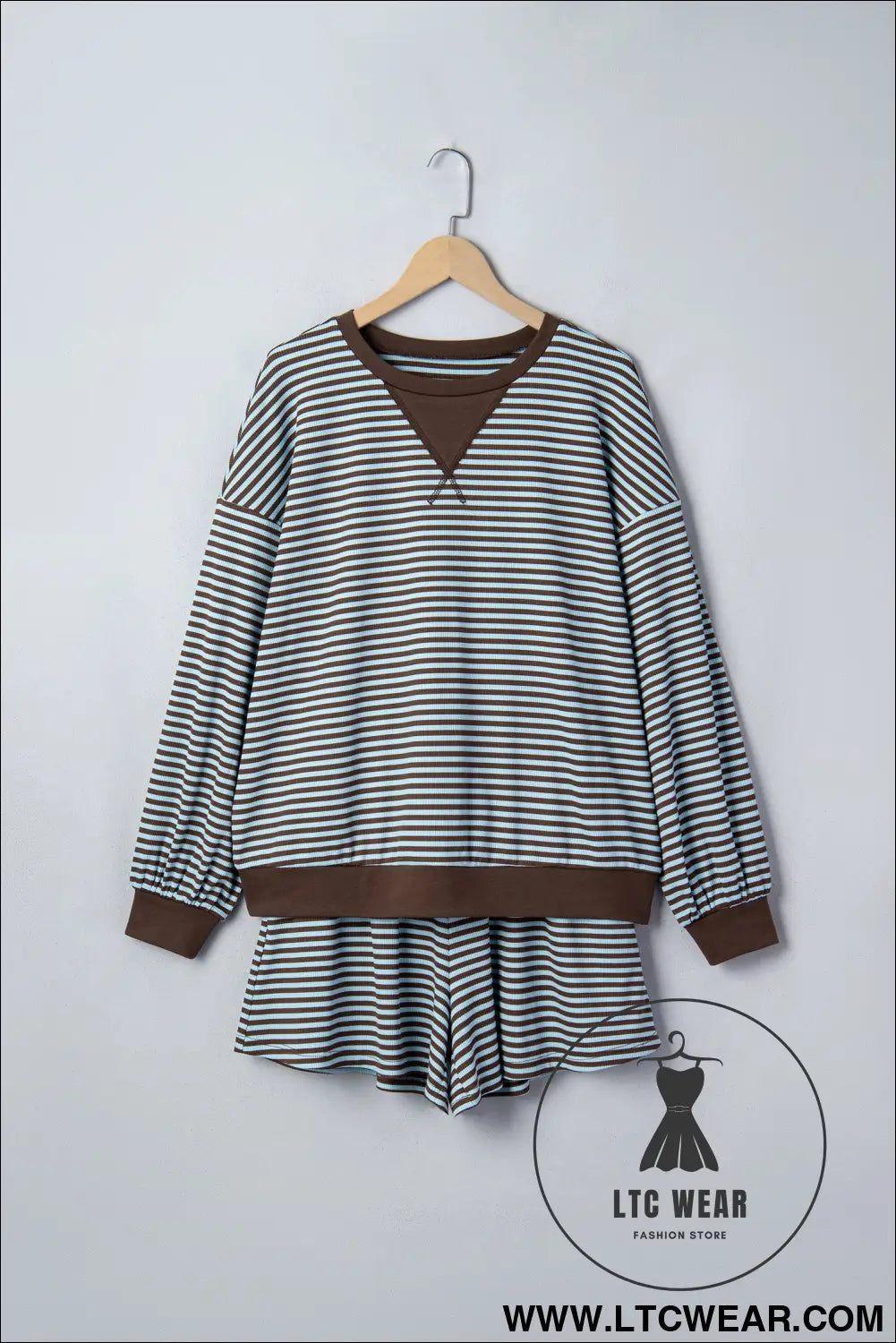 Brown Stripe Oversized Long Sleeve Top Drawstring Loose Shorts 2pcs Set