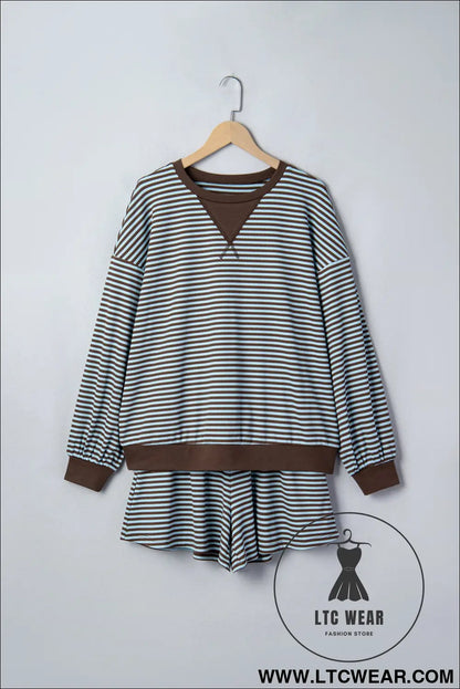 Brown Stripe Oversized Long Sleeve Top Drawstring Loose Shorts 2pcs Set