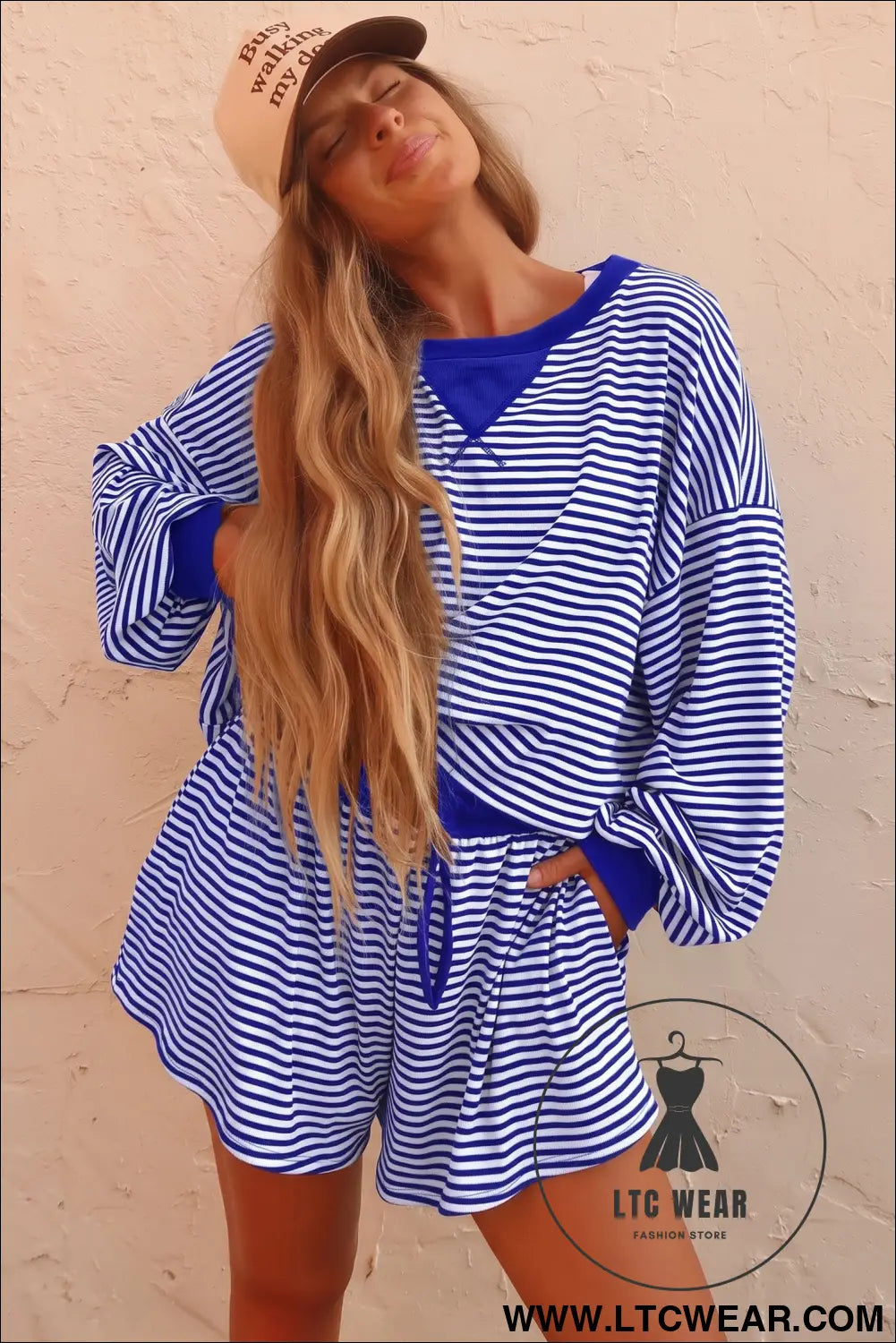 Brown Stripe Oversized Long Sleeve Top Drawstring Loose Shorts 2pcs Set