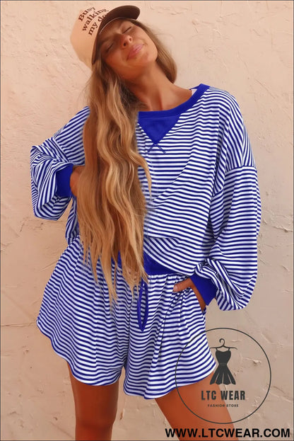 Brown Stripe Oversized Long Sleeve Top Drawstring Loose Shorts 2pcs Set
