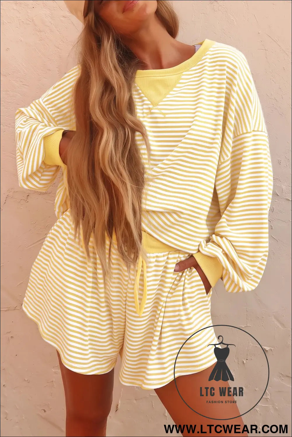 Brown Stripe Oversized Long Sleeve Top Drawstring Loose Shorts 2pcs Set