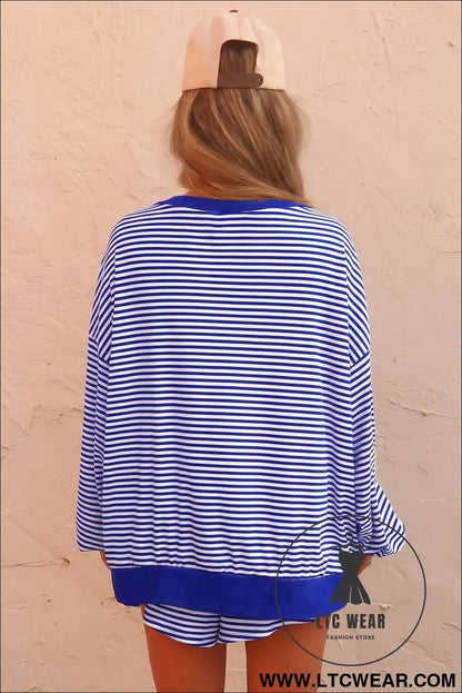 Brown Stripe Oversized Long Sleeve Top Drawstring Loose Shorts 2pcs Set