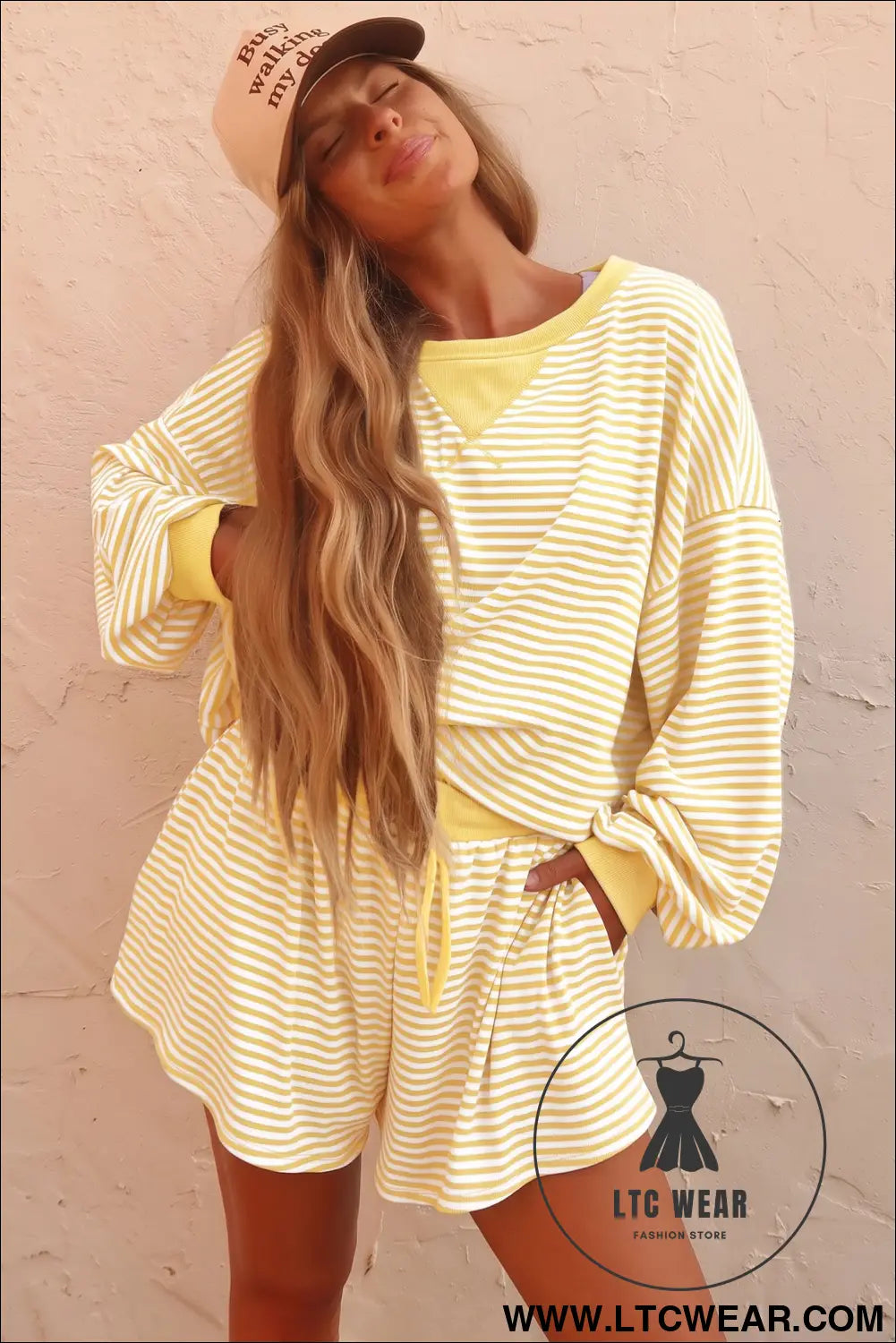 Brown Stripe Oversized Long Sleeve Top Drawstring Loose Shorts 2pcs Set