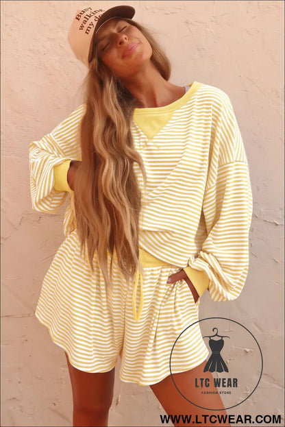 Brown Stripe Oversized Long Sleeve Top Drawstring Loose Shorts 2pcs Set