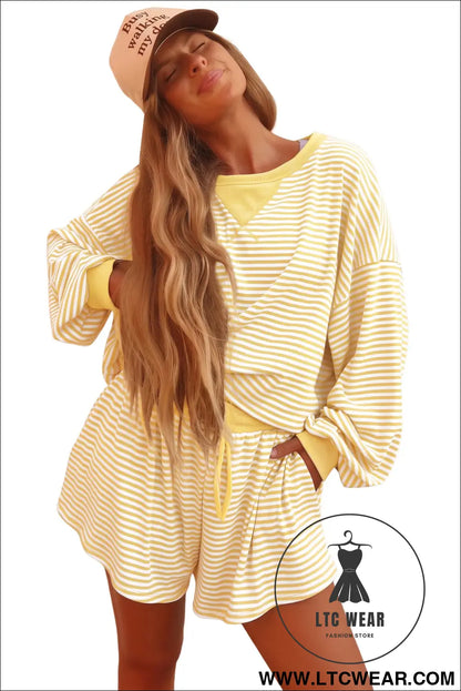 Brown Stripe Oversized Long Sleeve Top Drawstring Loose Shorts 2pcs Set