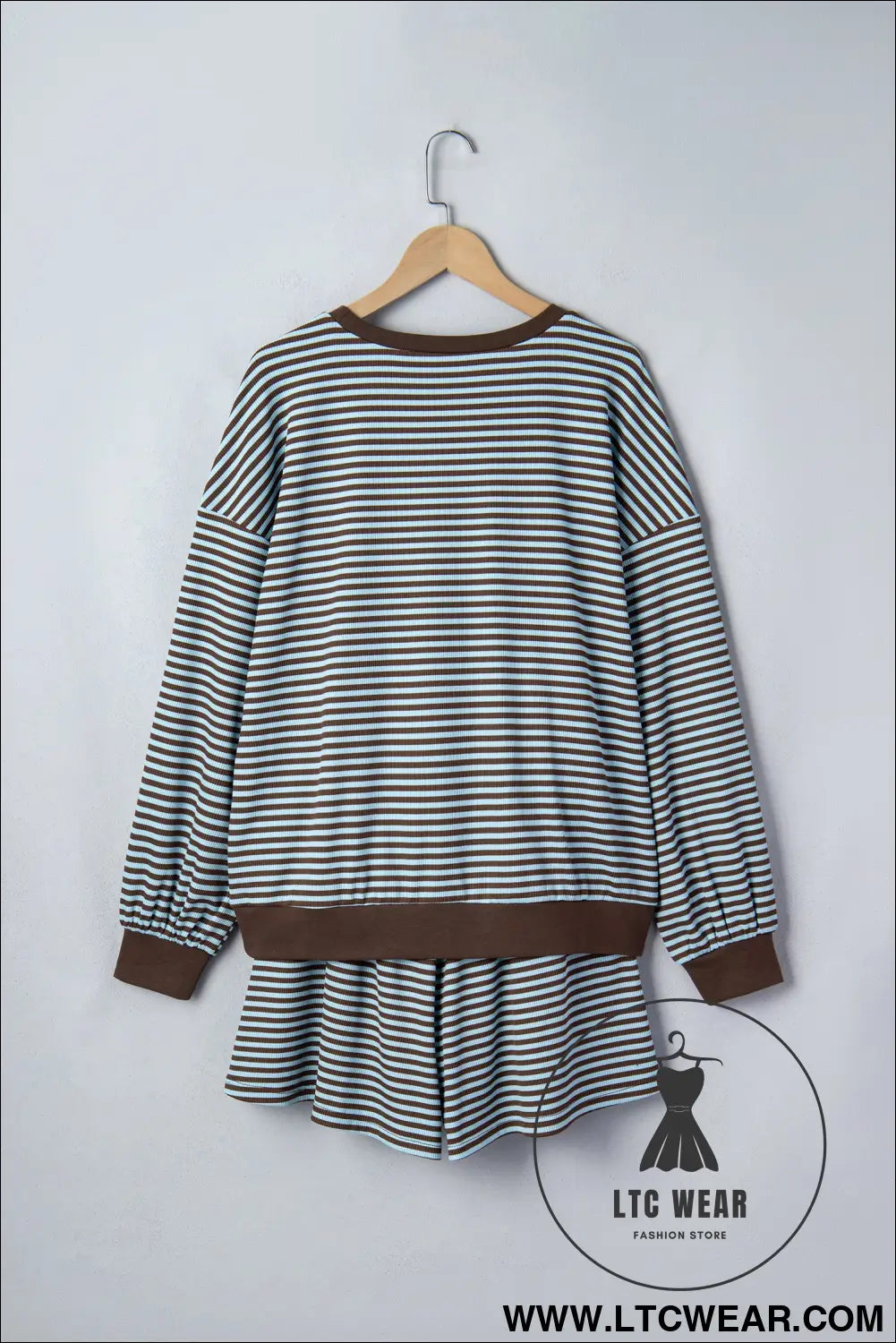 Brown Stripe Oversized Long Sleeve Top Drawstring Loose Shorts 2pcs Set
