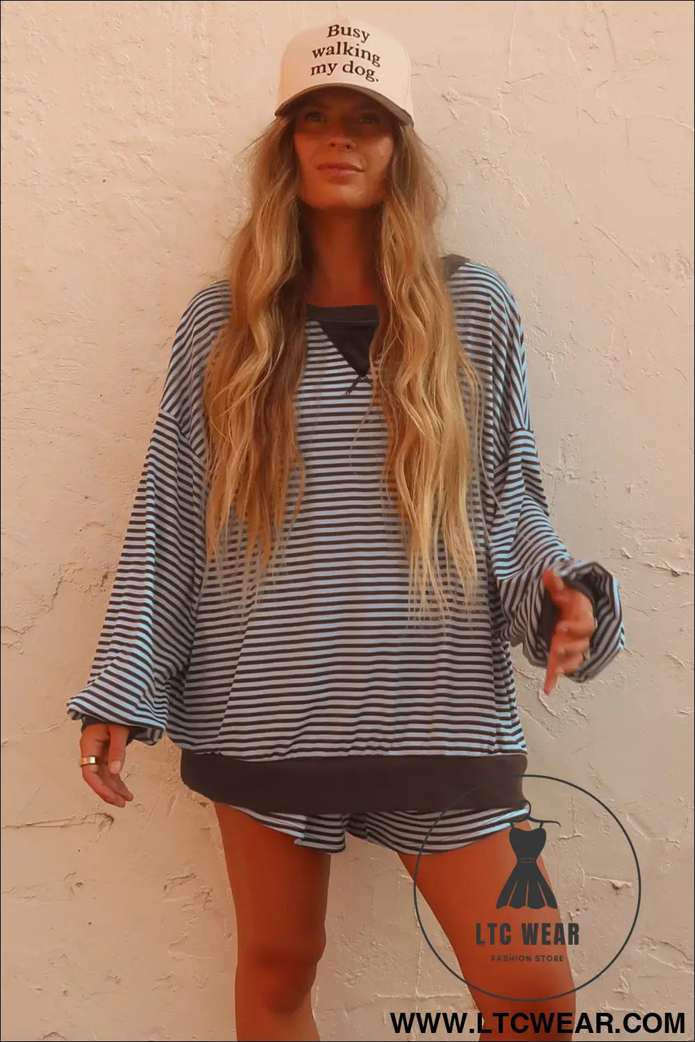 Brown Stripe Oversized Long Sleeve Top Drawstring Loose Shorts 2pcs Set