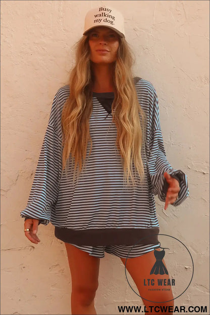 Brown Stripe Oversized Long Sleeve Top Drawstring Loose Shorts 2pcs Set
