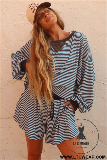 Brown Stripe Oversized Long Sleeve Top Drawstring Loose Shorts 2pcs Set