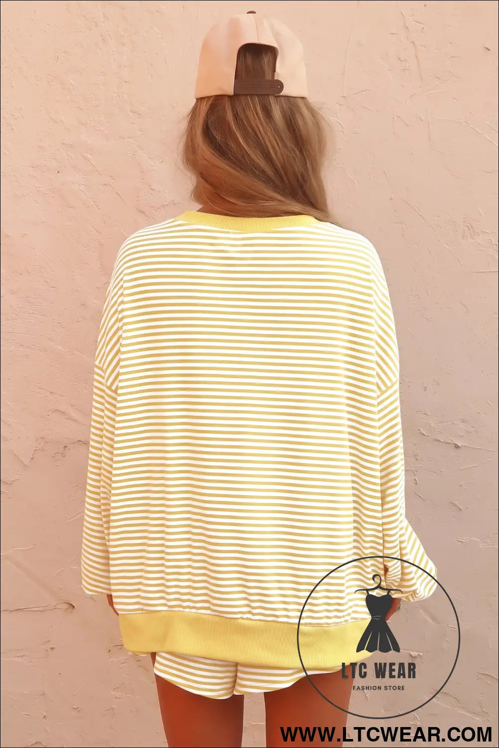 Brown Stripe Oversized Long Sleeve Top Drawstring Loose Shorts 2pcs Set