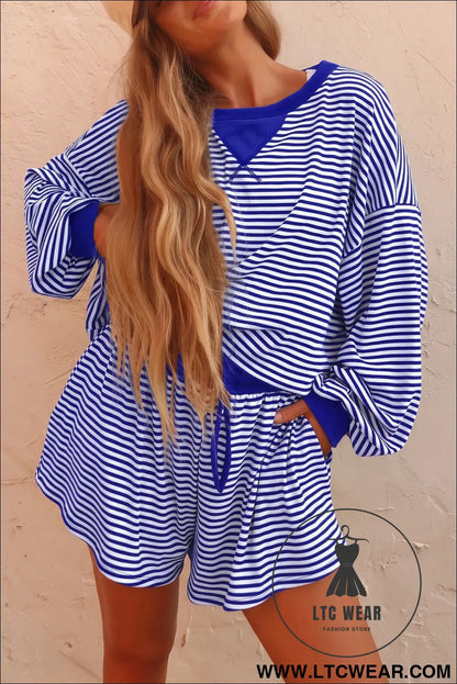 Brown Stripe Oversized Long Sleeve Top Drawstring Loose Shorts 2pcs Set
