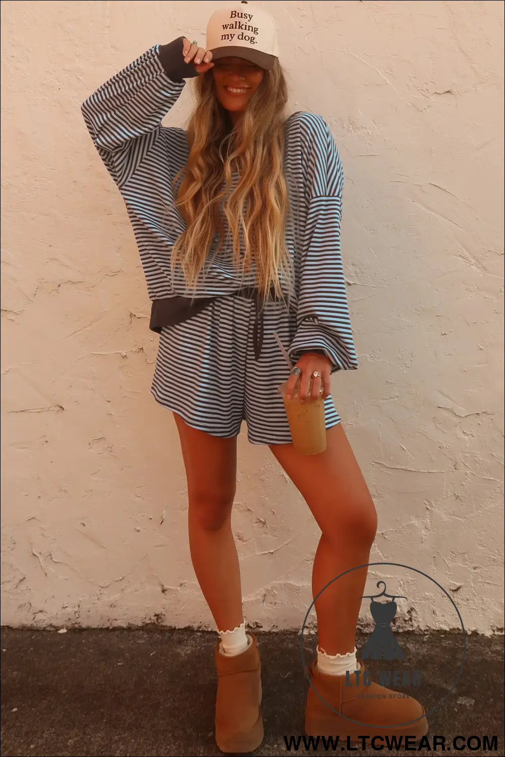 Brown Stripe Oversized Long Sleeve Top Drawstring Loose Shorts 2pcs Set