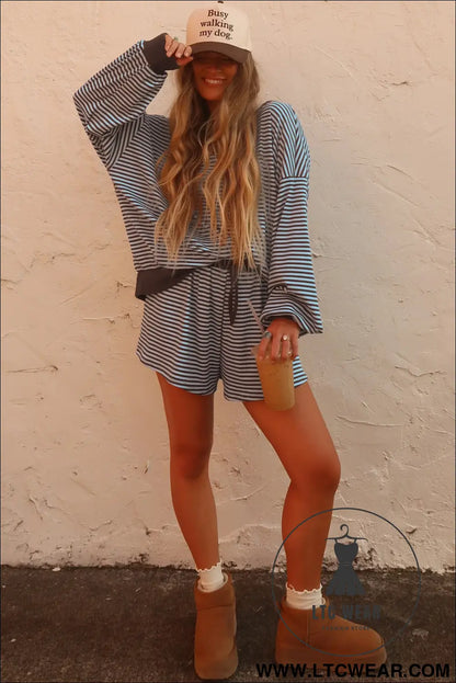 Brown Stripe Oversized Long Sleeve Top Drawstring Loose Shorts 2pcs Set