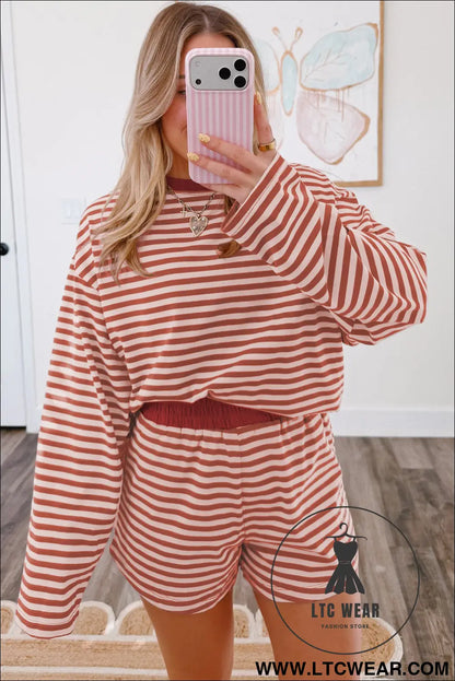 Brown stripe relaxed long sleeve top contrast elastic waistband short set - short sets