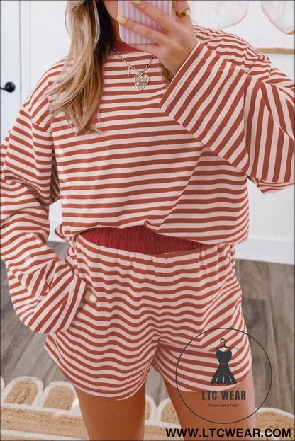 Brown stripe relaxed long sleeve top contrast elastic waistband short set - short sets