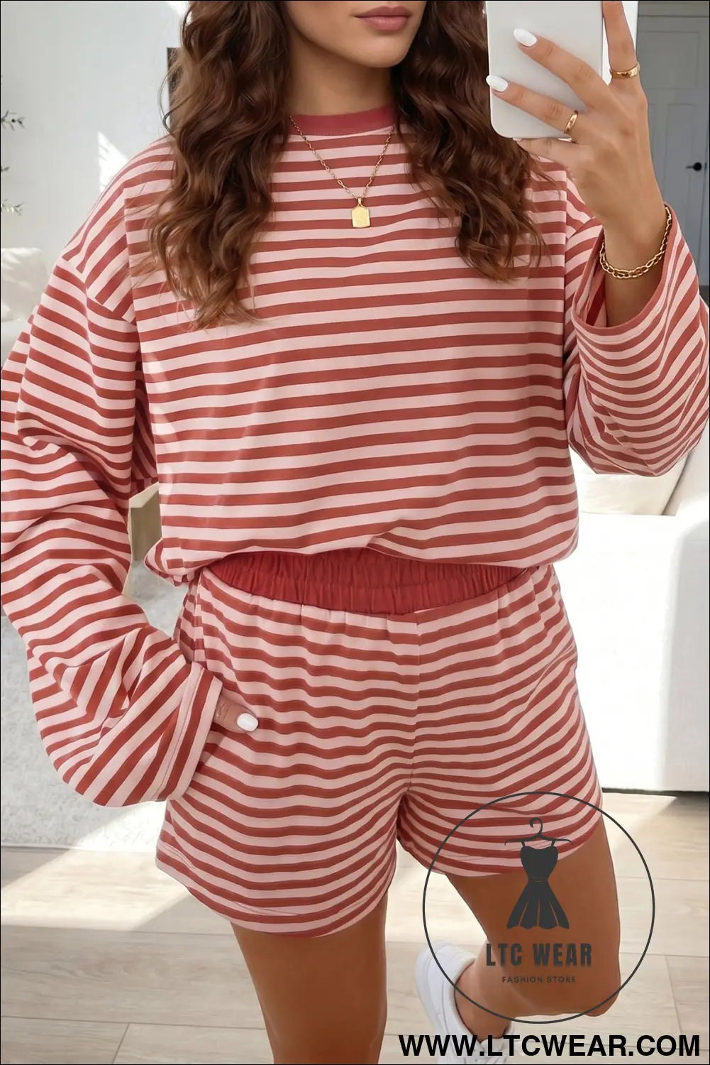 Brown stripe relaxed long sleeve top contrast elastic waistband short set - brown stripe / l / 95% cotton + 5% elastane