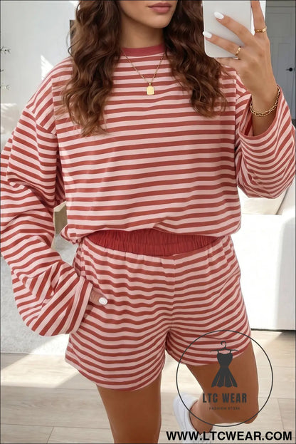 Brown stripe relaxed long sleeve top contrast elastic waistband short set - brown stripe / l / 95% cotton + 5% elastane