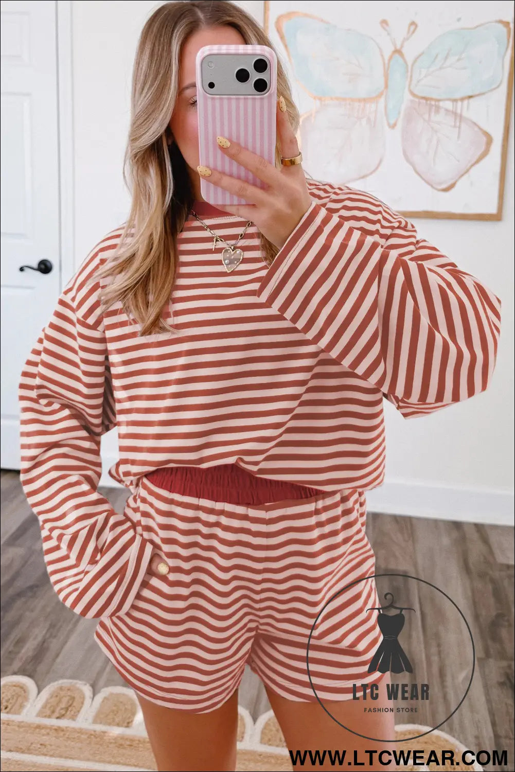 Brown stripe relaxed long sleeve top contrast elastic waistband short set - short sets