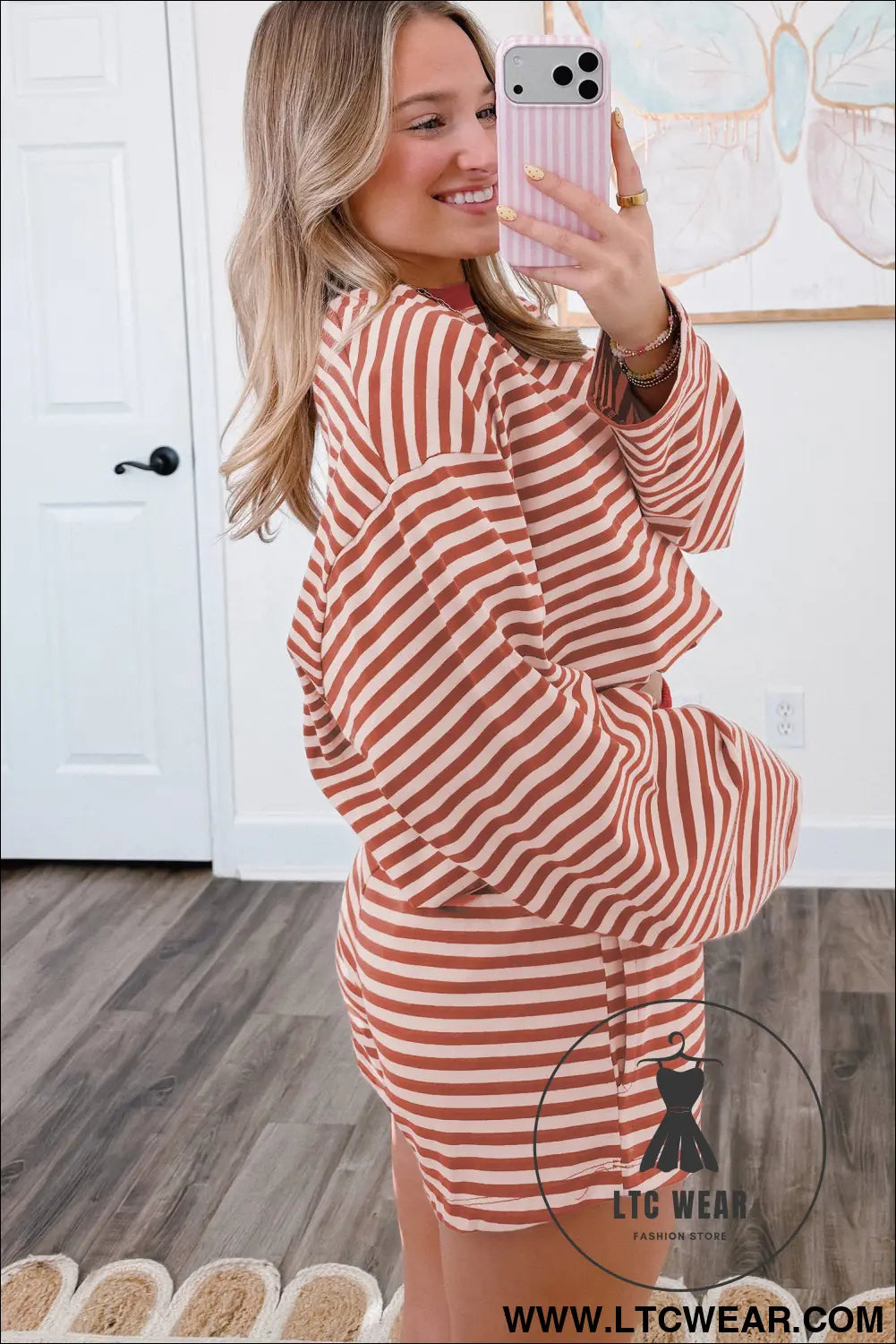 Brown stripe relaxed long sleeve top contrast elastic waistband short set - short sets