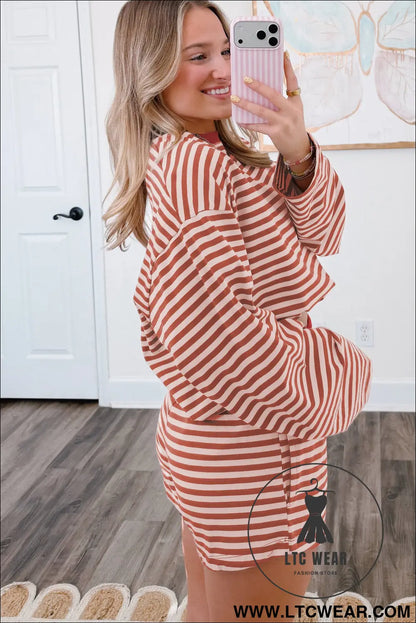 Brown stripe relaxed long sleeve top contrast elastic waistband short set - short sets